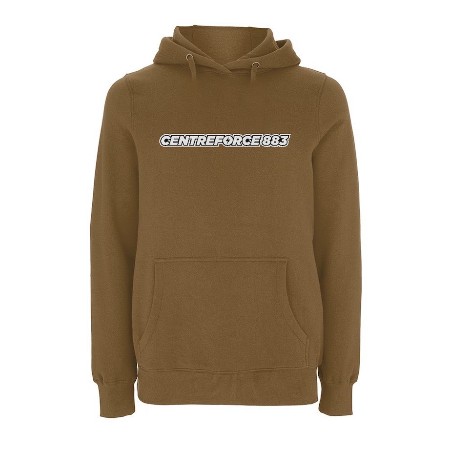 Khaki hoody with the black and white Centreforce 883 radio logo printed on front