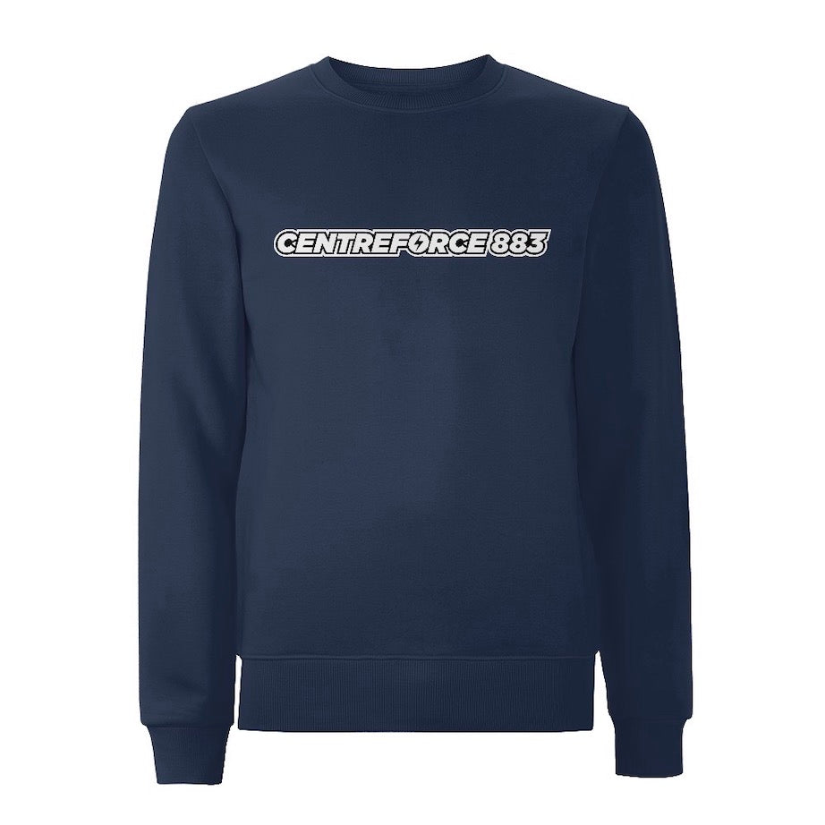 Navy sweatshirt with the black and white Centreforce 883 radio logo printed on front