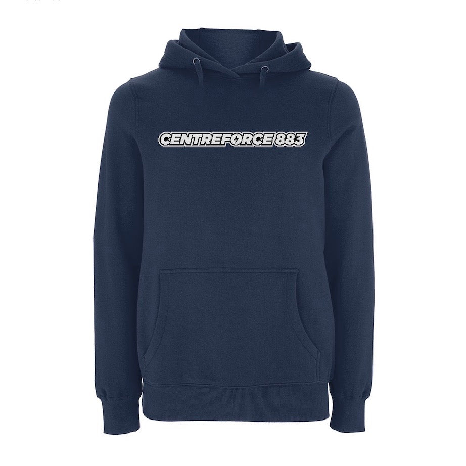 Navy hoody with the black and white Centreforce 883 radio logo printed on front