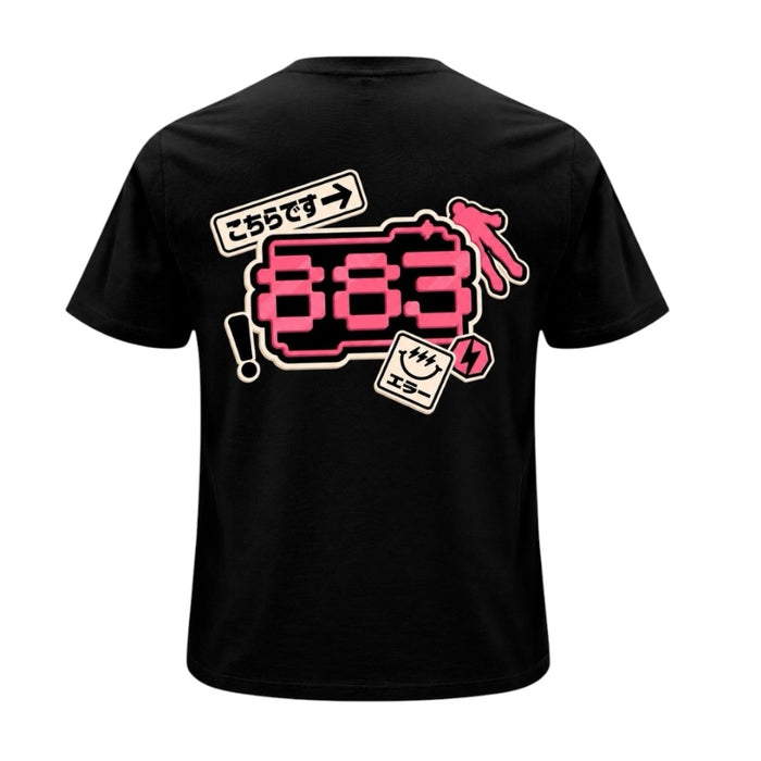 Centreforce Radio Signal City black t-shirt shown from the back, featuring a large graphic print in pink, white, and black. The graphic includes the number '883' in a pixelated font, Japanese text, a hand icon, and a small smiley face tag.