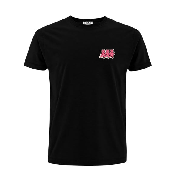 Centreforce Radio Signal City black t-shirt shown from the front, featuring a small 883 dancing people graphic print in pink, white, and black on the left chest. 