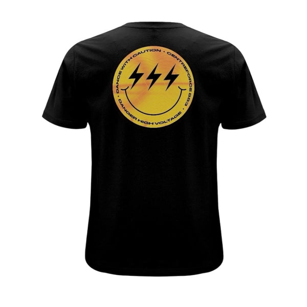Centreforce radio black t-shirt with large print on back  featuring a yellow and black logo with smiley face.
