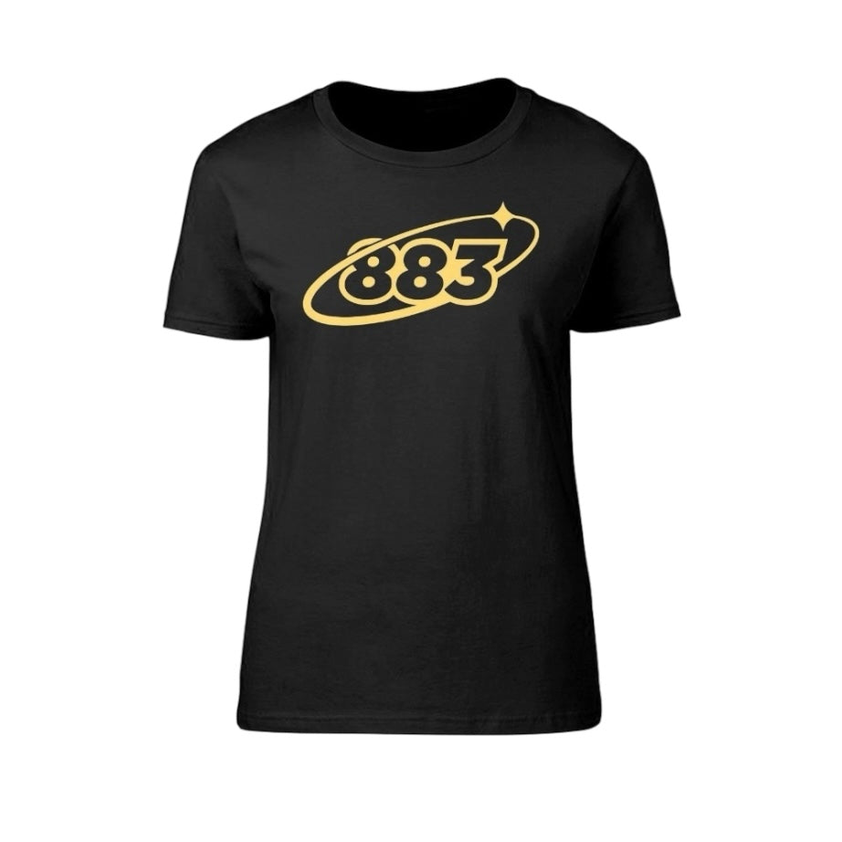Centreforce Women's 883 Orbit Black T-shirt with starry design front chest print in yellow.