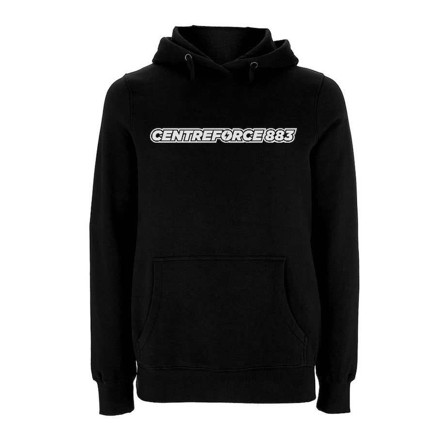 Black hoody with the black and white Centreforce 883 radio logo printed on front