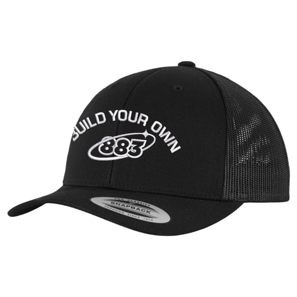 Centreforce 883 custom trucker in black, with white 'build your own' embroidery and 883 Orbit logo - side view
