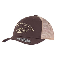 Centreforce 883 custom brown and khaki two-tone trucker in khaki, with khaki 'build your own' embroidery and 883 Orbit logo - side view