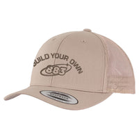 Centreforce 883 custom trucker in khaki, with matching brown 'build your own' embroidery and 883 Orbit logo - side view