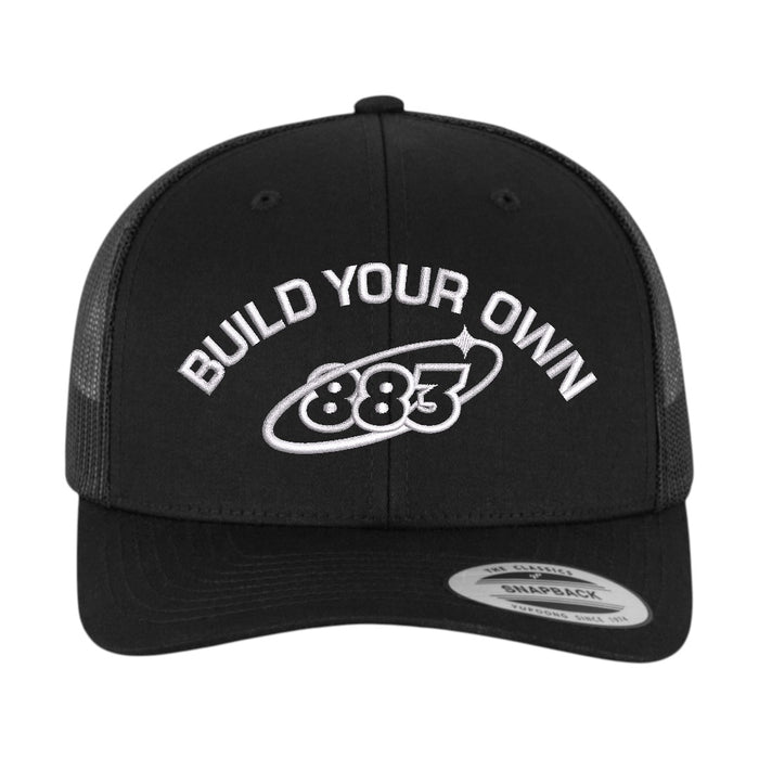 Centreforce 883 custom trucker in black, with white 'build your own' embroidery and 883 Orbit logo - front view