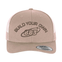 Centreforce 883 custom trucker in khaki, with matching brown 'build your own' embroidery and 883 Orbit logo - front view