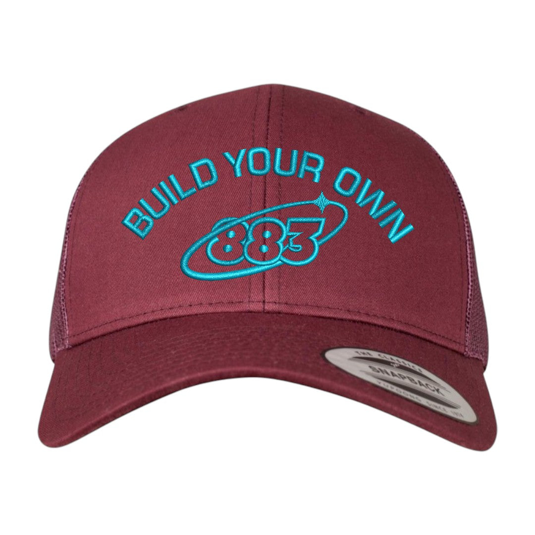 Centreforce 883 custom trucker in maroon with 'build your own' embroidery and 883 Orbit logo in 'West Ham' blue - front view