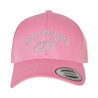 Centreforce 883 custom trucker in pink, with grey 'build your own' embroidery and 883 Orbit logo - front view.