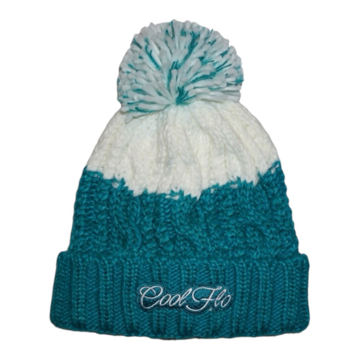 Chamonix chunky knit bobble hat with large pom pom and script logo.  Green and white.