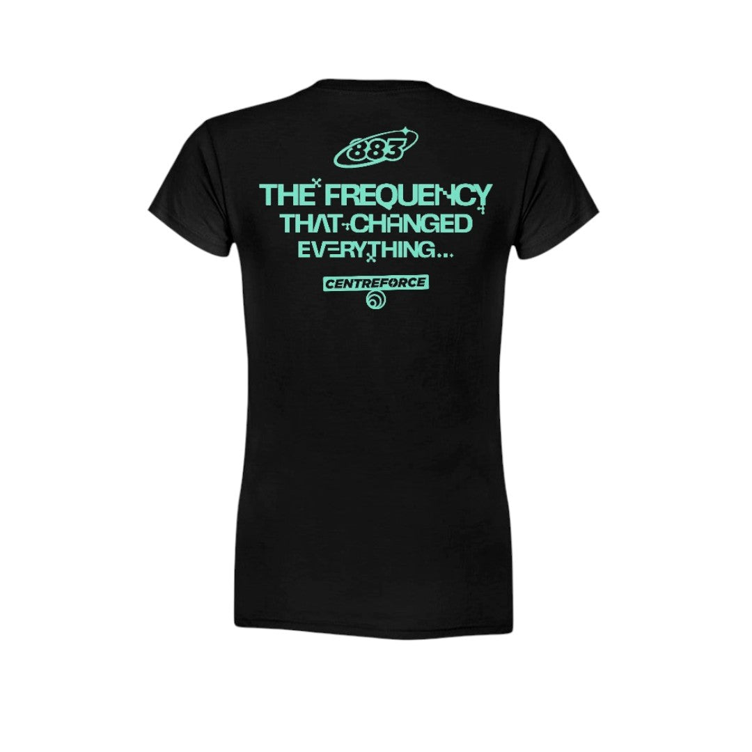 Centreforce - The Frequency that Changed Everything black ladies t-shirt. with printed desing in aqua blue/green colour.