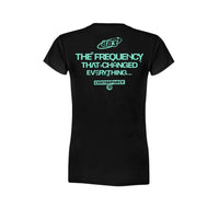 Centreforce - The Frequency that Changed Everything black ladies t-shirt. with printed desing in aqua blue/green colour.