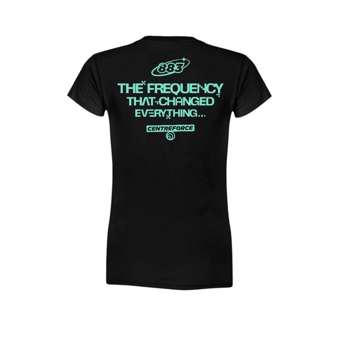 Centreforce - The Frequency that Changed Everything black ladies t-shirt. with printed desing in aqua blue/green colour.