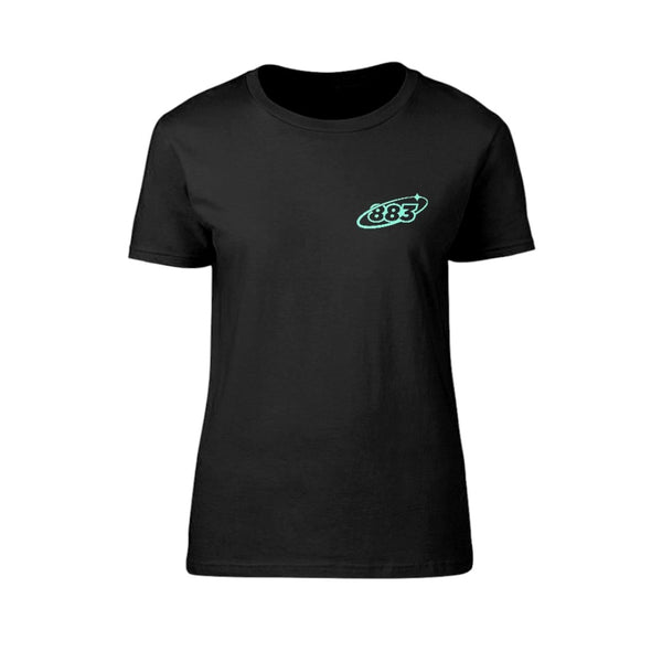 Centreforce black ladies t-shirt featuring a front left chest 883 starry logo in aqua.