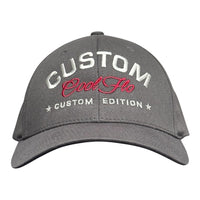 Cool Flo Custom Edition Charcoal Grey Baseball Cap with silver custom embroidery and burgundy logo, front view.