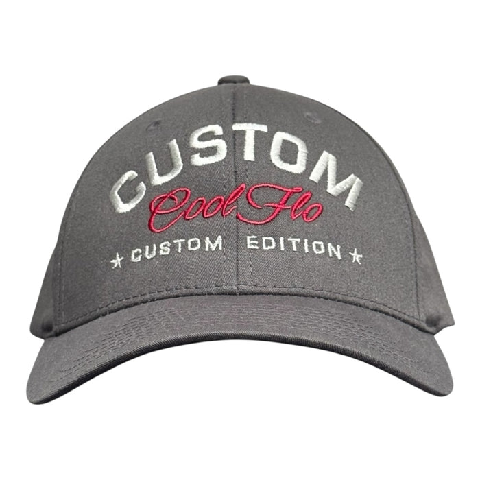 Cool Flo Custom Edition Charcoal Grey Baseball Cap with silver custom embroidery and burgundy logo, front view.