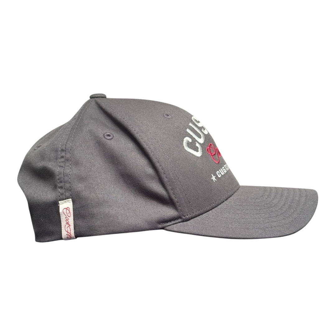 Cool Flo Custom Edition Charcoal Grey Baseball Cap with silver custom embroidery and burgundy logo, side view