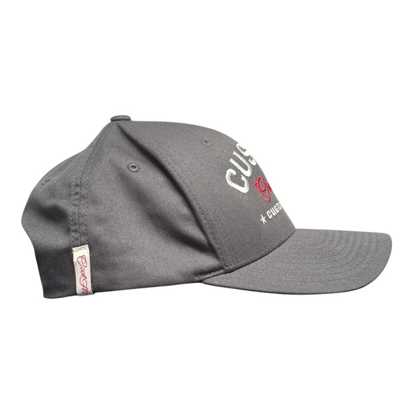 Cool Flo Custom Edition Charcoal Grey Baseball Cap with silver custom embroidery and burgundy logo, side view