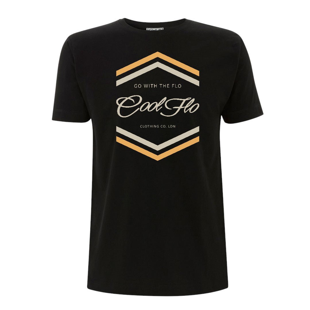 Cool Flo 'Chevron' black t-shirt with a cream and golden-yellow chest print.