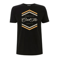 Cool Flo 'Chevron' black t-shirt with a cream and golden-yellow chest print.