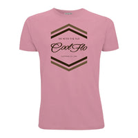 Cool Flo 'Chevron' pink t-shirt with two-tone brown chest print.
