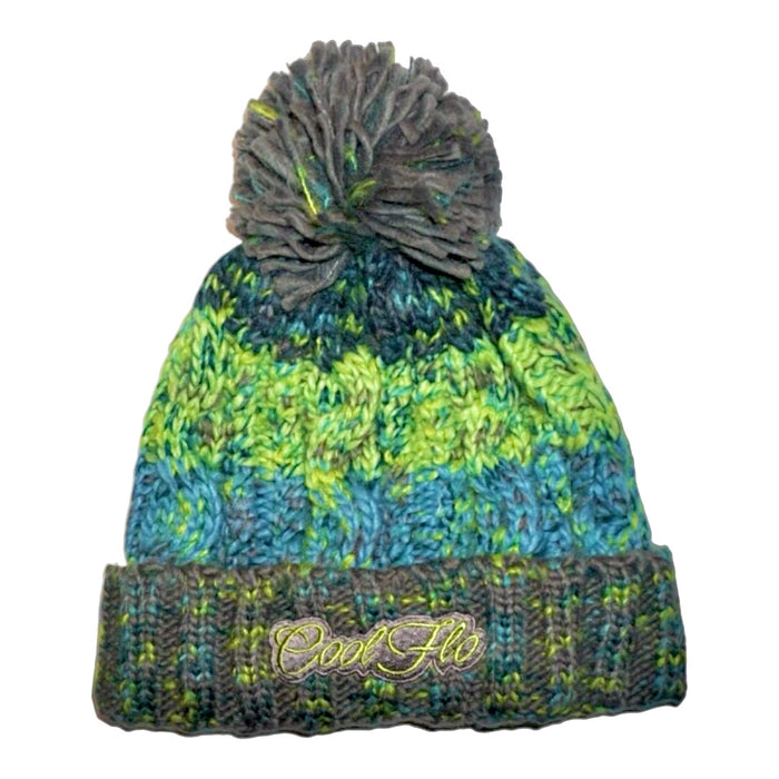 Chunky-knit bobble hat with script logo and pom pom.  Blue, green and grey.