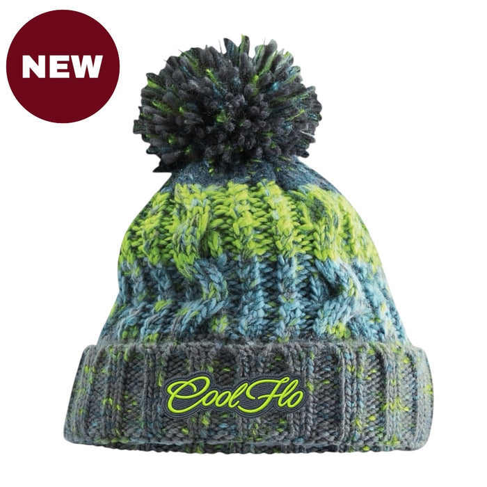 Chunky-knit bobble hat with script logo and pom pom.  Blue, green and grey.