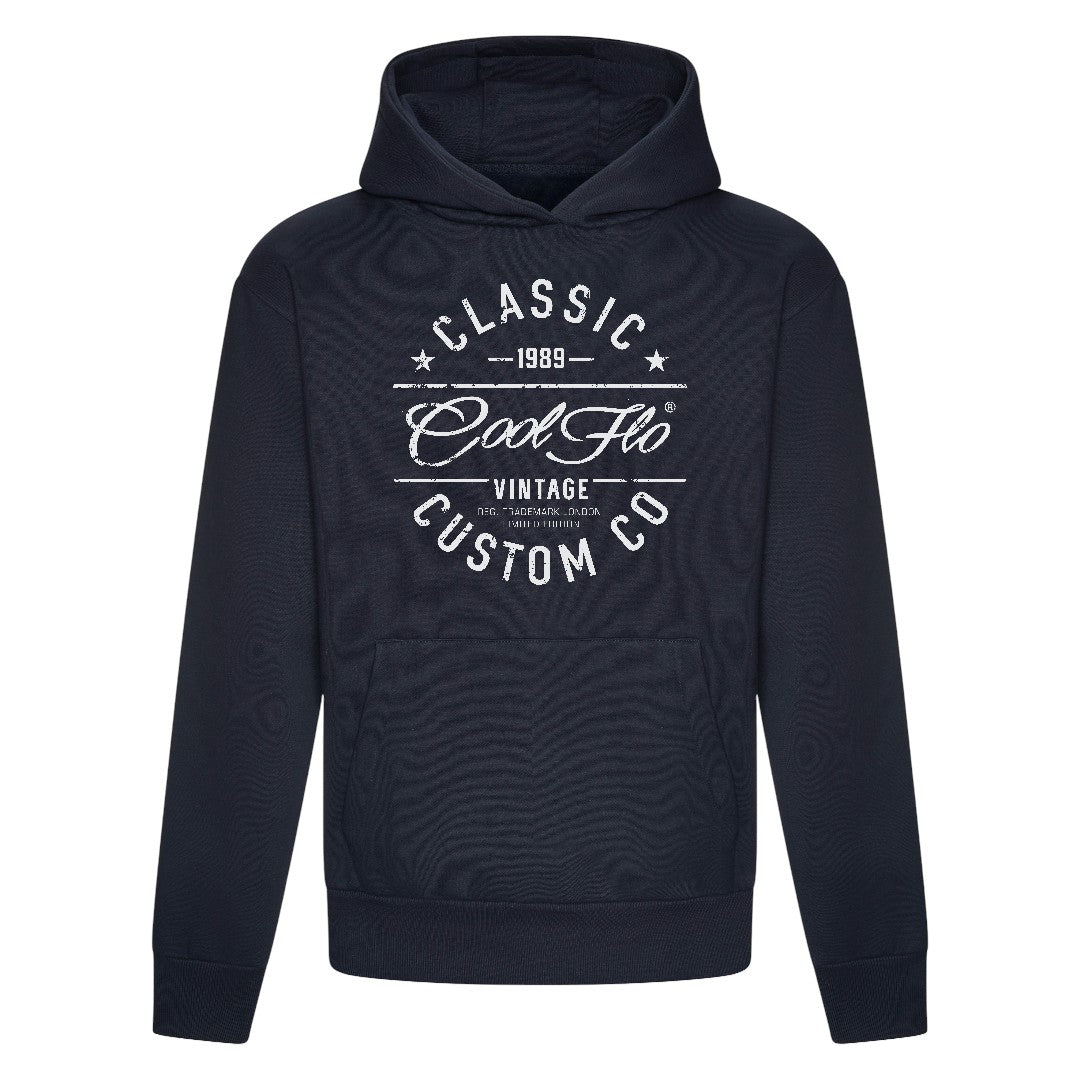 Cool Flo Classic Custom Co navy hoody with bold white print design.