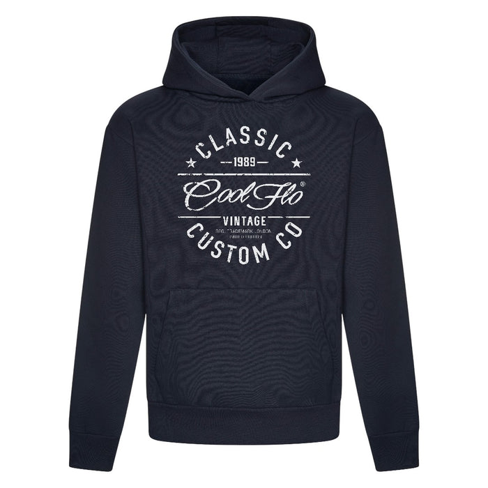 Cool Flo Classic Custom Co navy hoody with bold white print design.