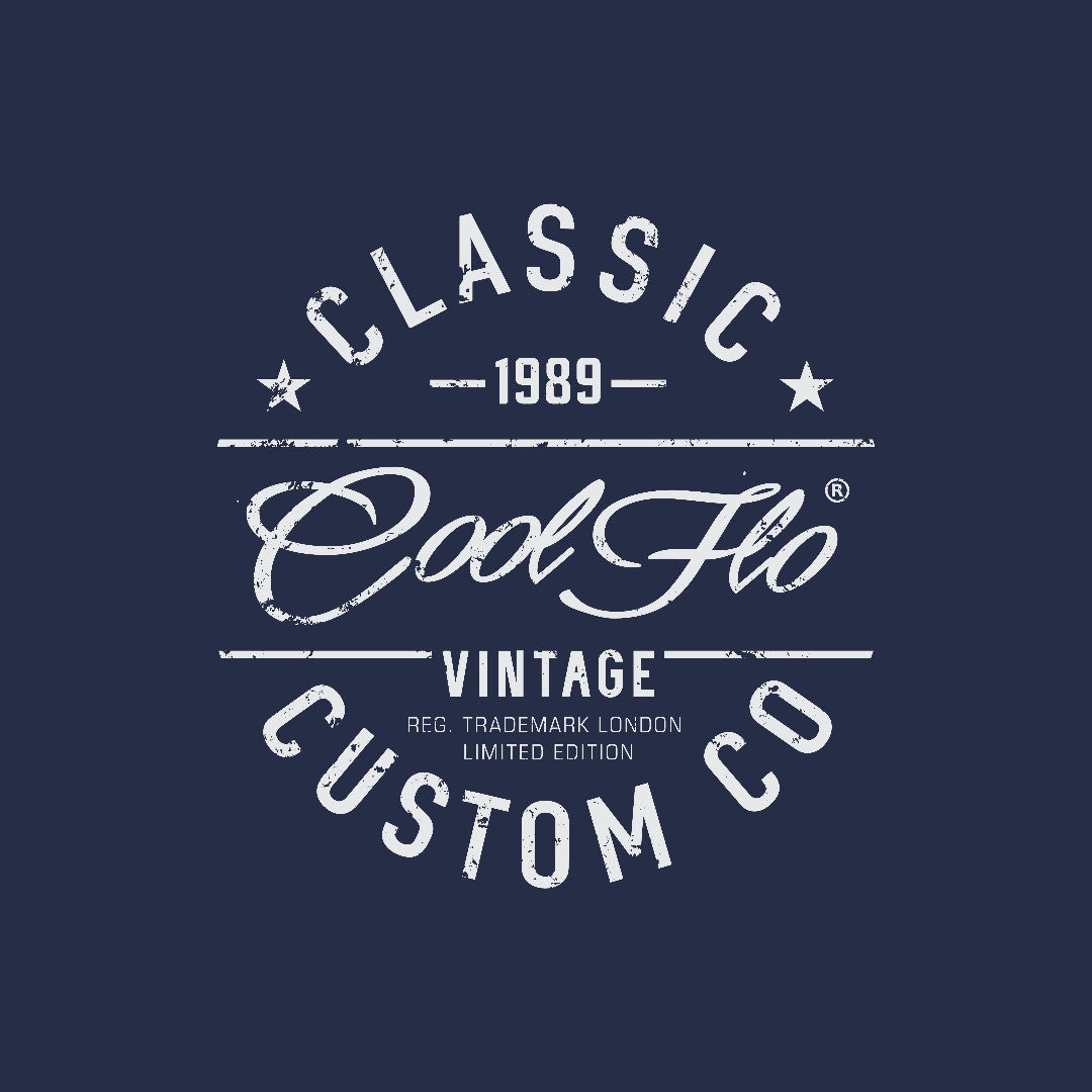 Cool Flo Classic Custom Co navy sweatshirt with bold white print design - rollover image.