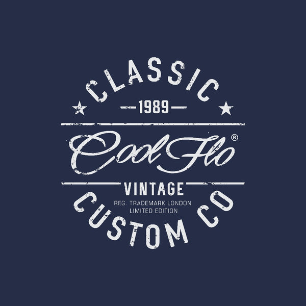 Cool Flo Classic Custom Co navy sweatshirt with bold white print design - rollover image.