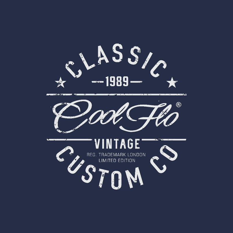 Cool Flo Classic Custom Co navy sweatshirt with bold white print design - rollover image.