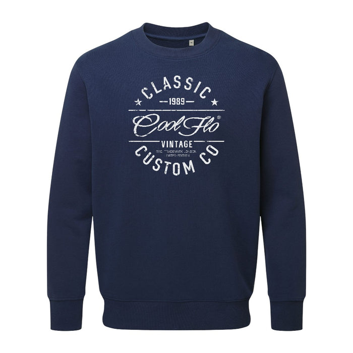 Cool Flo Classic Custom Co navy sweatshirt with bold white print design.