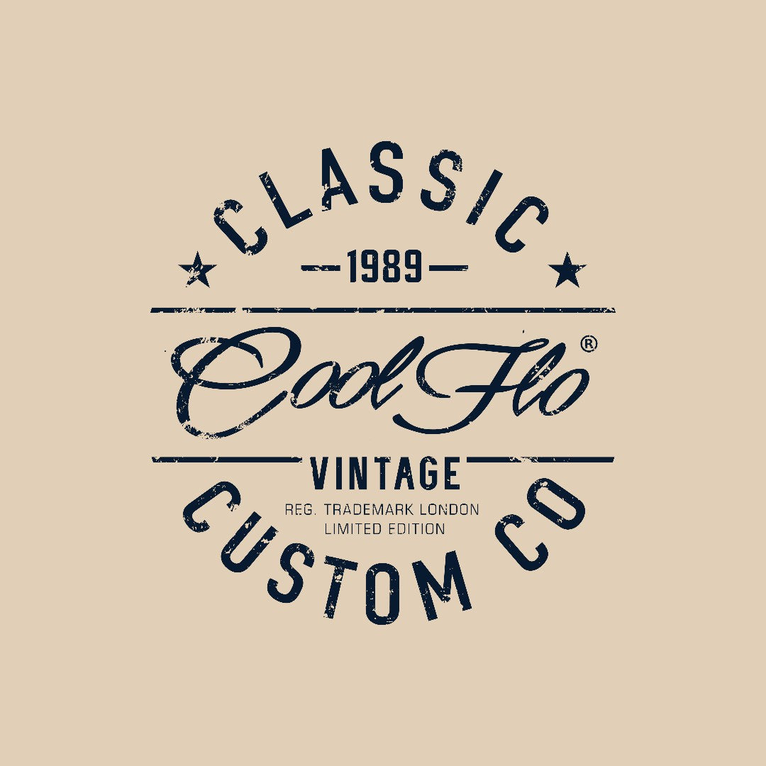 Cool Flo Classic Custom Co sand sweatshirt with bold navy print design - rollover image.