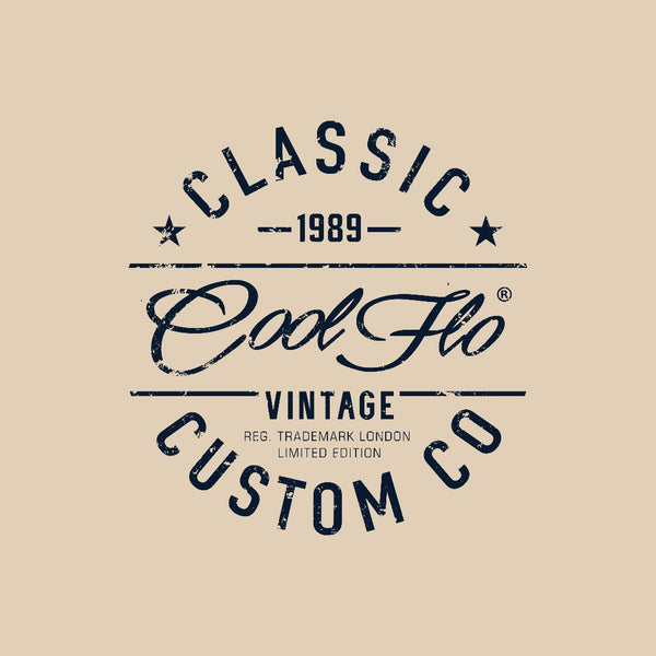 Cool Flo Classic Custom Co sand sweatshirt with bold navy print design - rollover image.