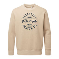 Cool Flo Classic Custom Co sand sweatshirt with bold navy print design.
