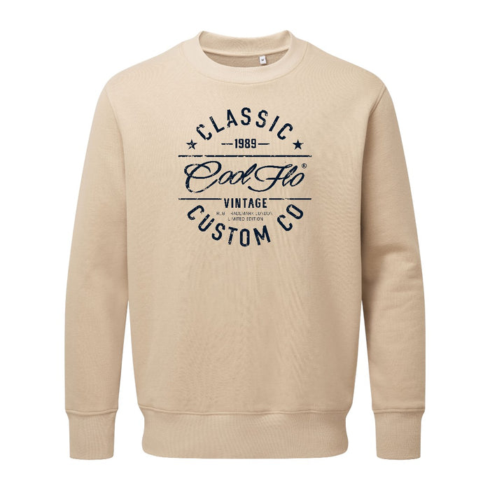 Cool Flo Classic Custom Co sand sweatshirt with bold navy print design.