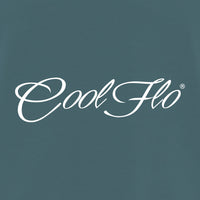 Close-up of blue Cool Flo Classic Script men's t-shirt with white logo