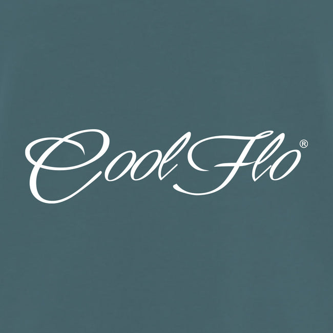 Close-up of blue Cool Flo Classic Script men's t-shirt with white logo