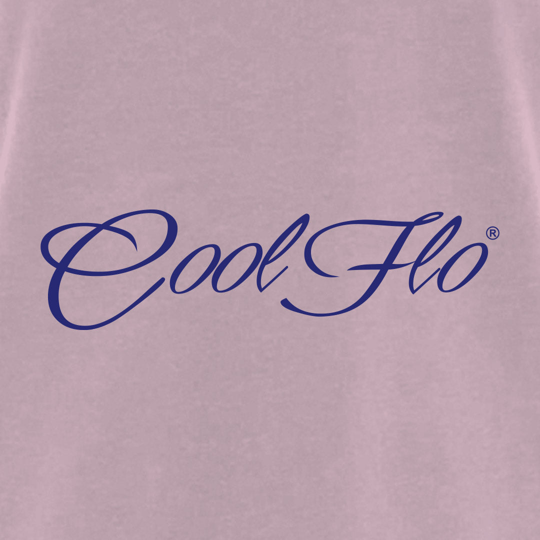 Close-up of Dusky pink Cool Flo Classic Script men's t-shirt with navy logo