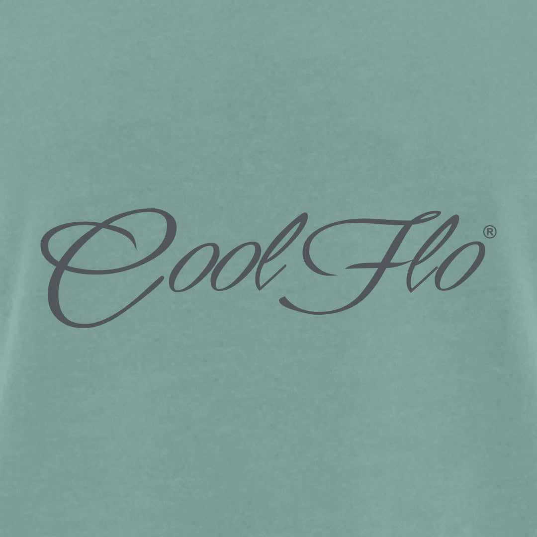 Close-up of Sage Green Cool Flo Classic Script men's t-shirt with grey logo