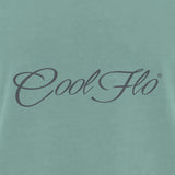 Close-up of Sage Green Cool Flo Classic Script men's t-shirt with grey logo