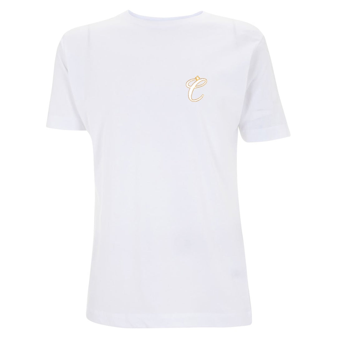 White Clockwork Orange t-shirt with embroidered white and orange 'C' logo on the left chest.