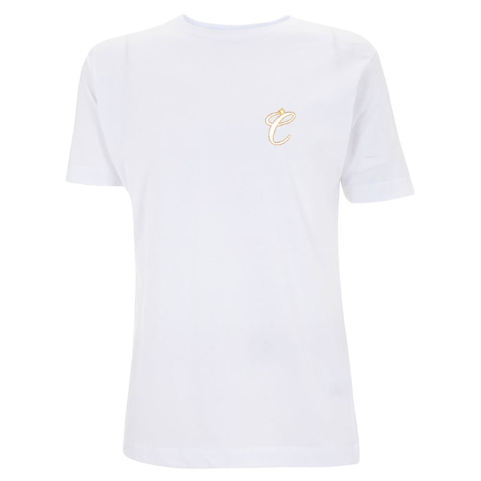 White Clockwork Orange t-shirt with embroidered white and orange 'C' logo on the left chest.