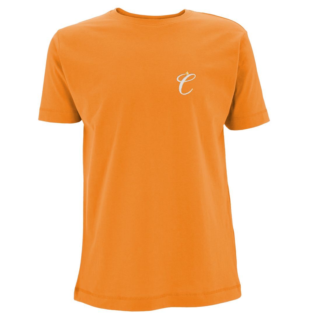 Orange Clockwork Orange t-shirt with embroidered white and orange 'C' logo on the left chest.