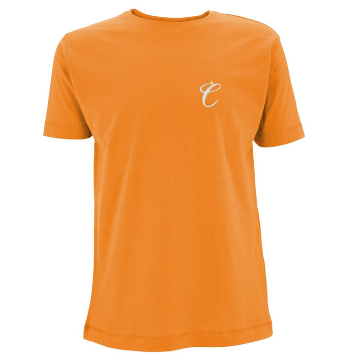 Orange Clockwork Orange t-shirt with embroidered white and orange 'C' logo on the left chest.