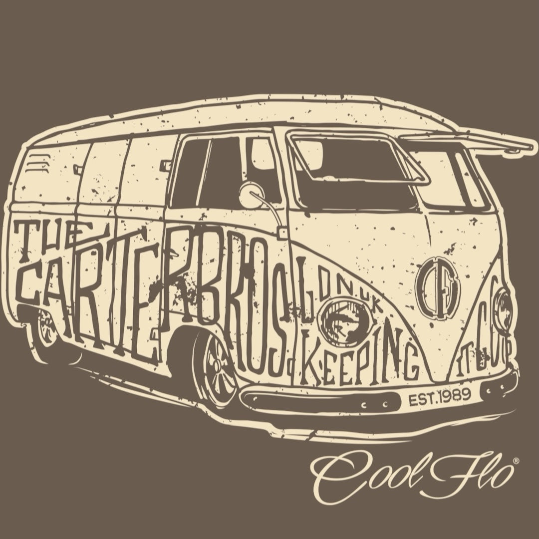 Close-up of the Carter Brothers vintage camper graphic printed in cream on mocha tee.