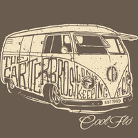 Close-up of the Carter Brothers vintage camper graphic printed in cream on mocha tee.